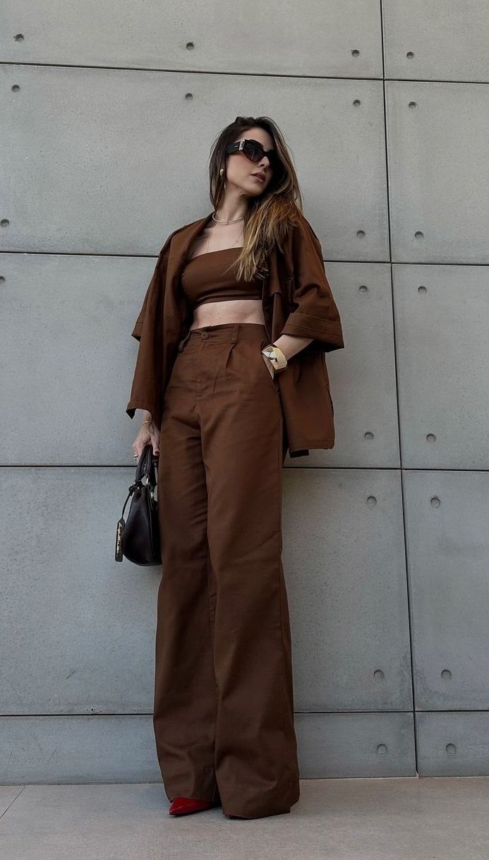 Brown Set with Wide-Leg Pants